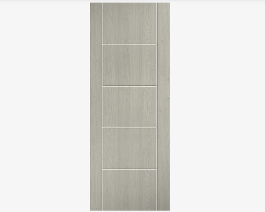 Wooden door with a light gray finish on a white background