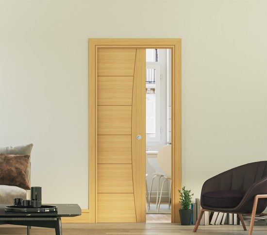 125mm Single Pocket Door - Oak Frame - Satin Chrome Hardware