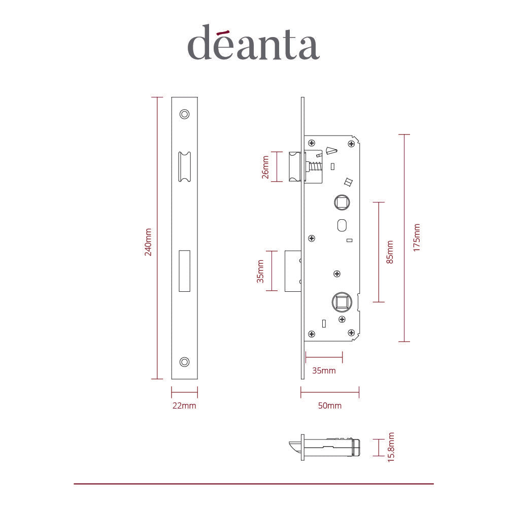 Slim Bathroom Lock Square, Stricking Plate & Fixing Screw Satin Steel