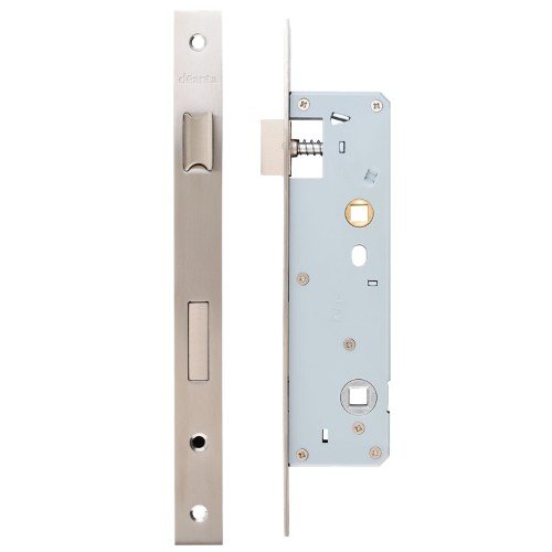 Slim Bathroom Lock Square, Stricking Plate & Fixing Screw Satin Steel