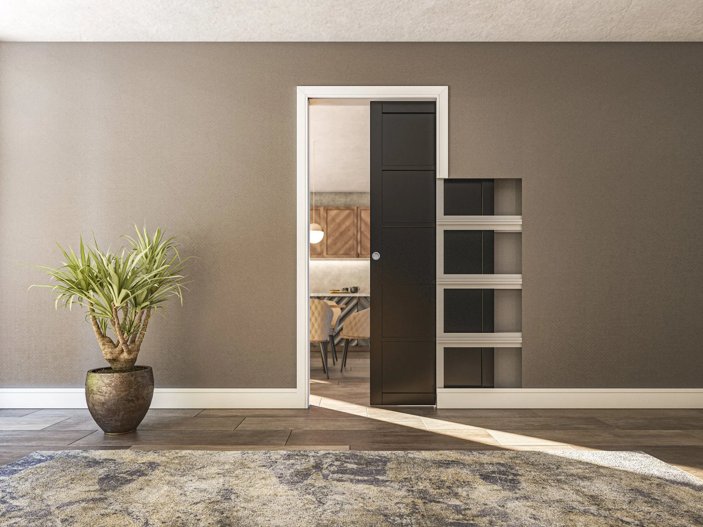 125mm Single Pocket Door - White Frame - Black Hardware